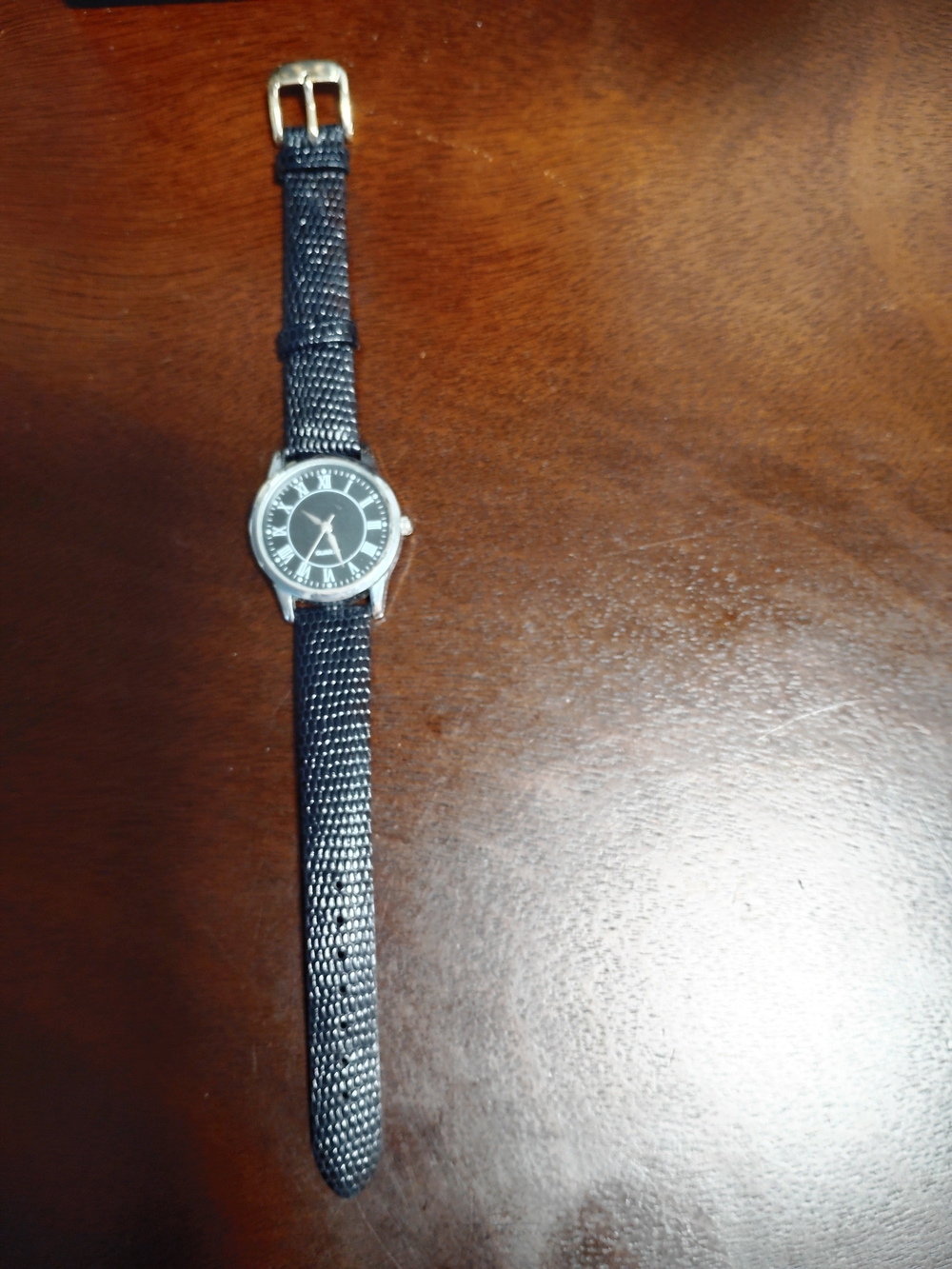 Classic Black Women's Dress Watch with Textured Black Leather Strap. Unused